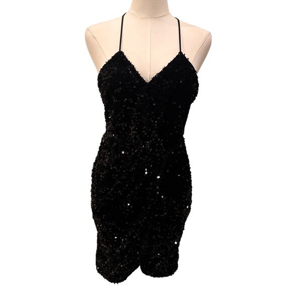 Cefian Black Sequin Mini Dress Size Small Strappy Back Bodycon Party Holiday - Picture 1 of 8